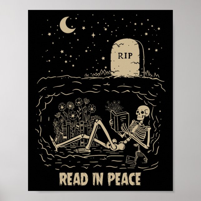 Poster Lire En Paix Squelette Lecture Livres Drôle Hallow (Devant)