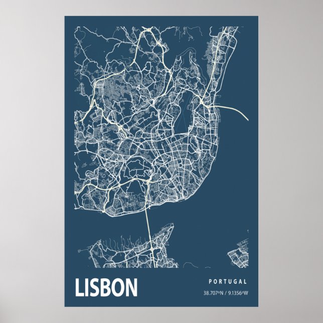 Poster Lisbonne Portugal Ville Plan Ligne Art Bleu Imprim (Devant)