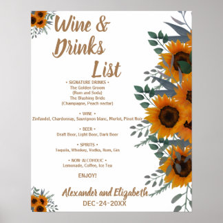 Poster Liste de boissons verdure Tournesols Mariage de ma