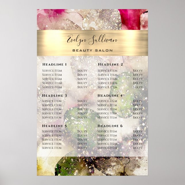 Poster Liste de prix aquarelle pailletée vert rose (Devant)