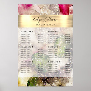 Poster Liste de prix aquarelle pailletée verte rose