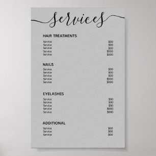 Poster Liste de prix de salon gris moderne Menu de servic