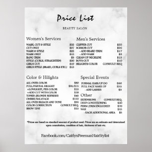 Poster Liste de prix du salon de beauté Vintage