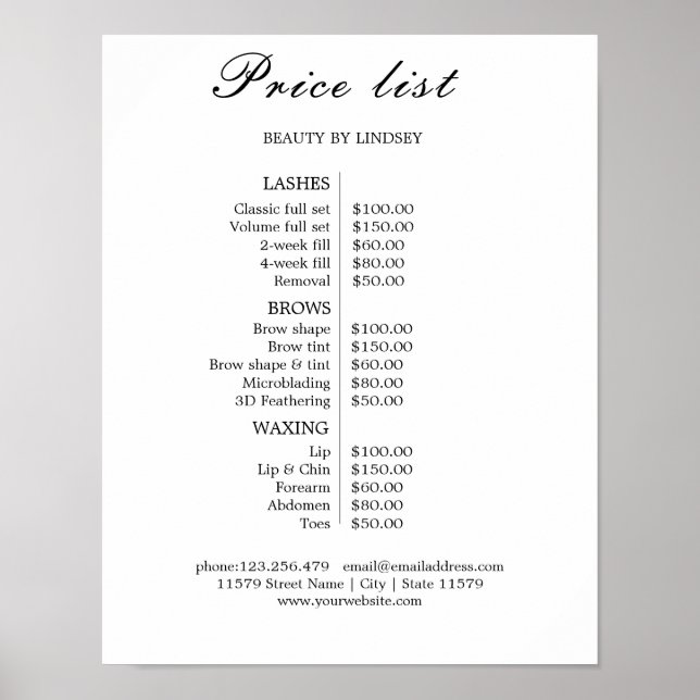 Poster Liste de prix du salon de beauté Vintage (Devant)