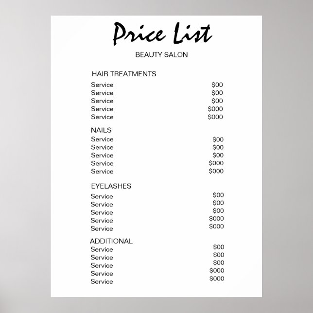 Poster Liste de prix du salon de beauté Vintage (Devant)