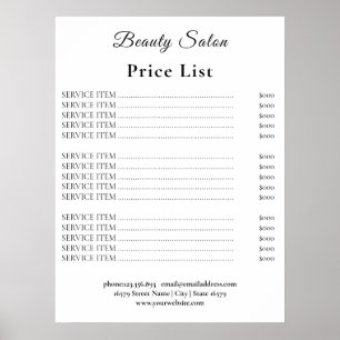 Poster Liste de prix du salon de beauté Vintage