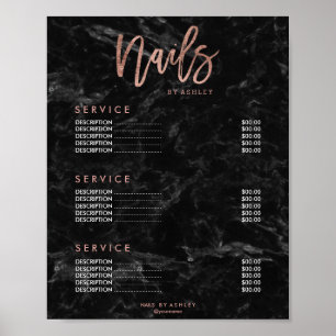 Poster Liste de prix ongles rose gold script marbre noir