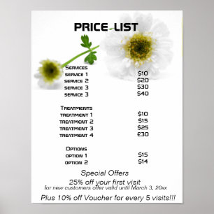 Poster Liste de prix Reiki zen fleurs blanches
