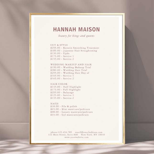 Poster Liste de prix simple moderne, professionnel, salon (Modern Simpel, Professional,  Beige & Brown , Salon, Price List Poster)