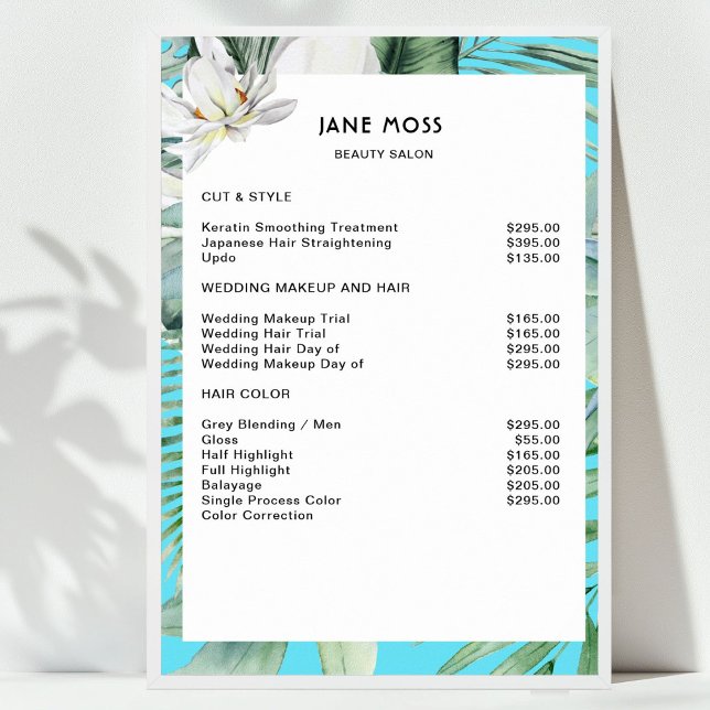 Poster Liste de prix tropicale moderne, salon, aquarelle (Modern Salon Watercolor Tropical Price List Poster)