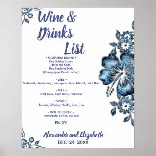 Poster Liste des boissons aux fleurs bleues Mariage nupti
