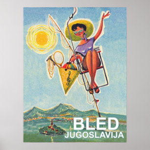 Poster Lit, femme en remontée mécanique, voyage vintage