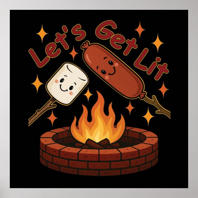 Poster Lit Firepit - mignon Marshmallow & Hot Dog (Devant)