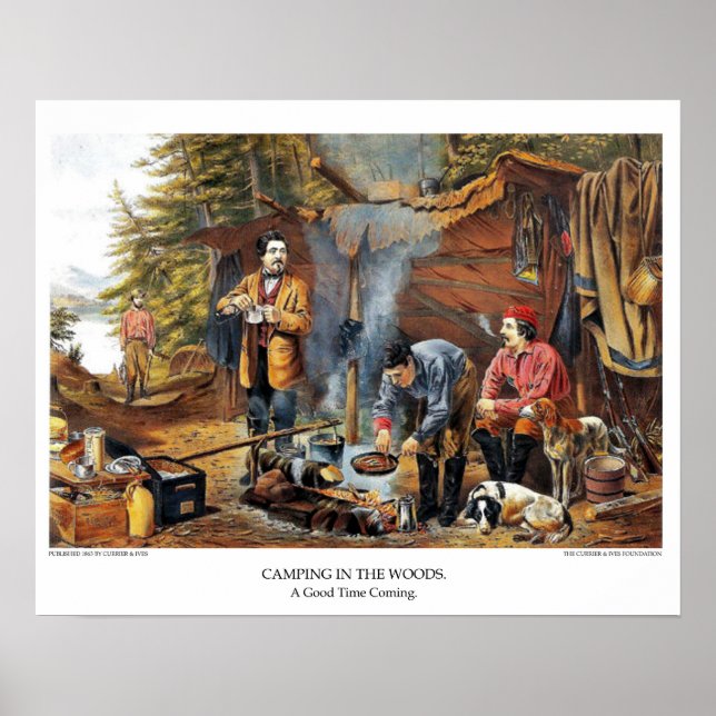 Poster Lithographie de Currier & Ives : Camping dans les  (Devant)