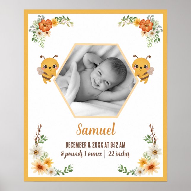 Poster Little Bee Baby Stats de naissance (Devant)