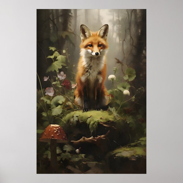 Poster Little Fox In Forest Wall Print, Botanical Dark (Devant)