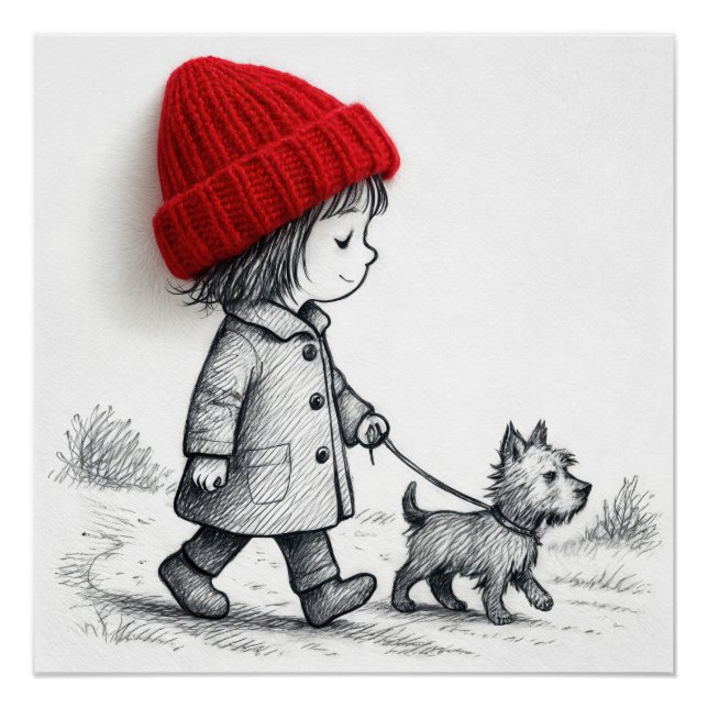 Poster Little Girl In 3-D Red Hat Walking Her Dog (Devant)