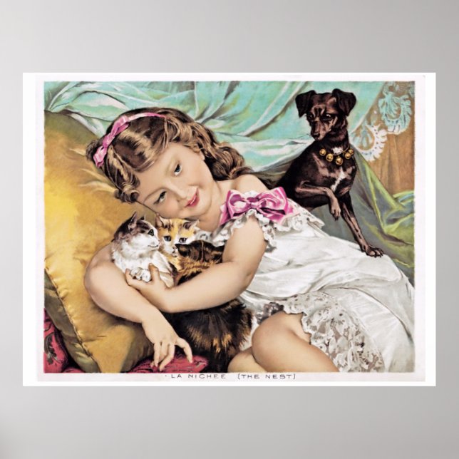 Poster Little Girl, Kittens et Dachshund Dog, Vintage (Devant)