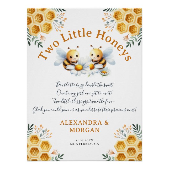 Poster Little Honey Cute Bee Floral Duo Baby Girl Shower (Devant)