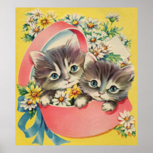 Poster Little Kittens A Hatbox and Daisies