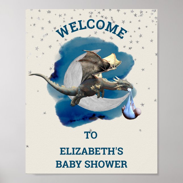 Poster Little Knight Dragon Silver Star Baby shower (Devant)