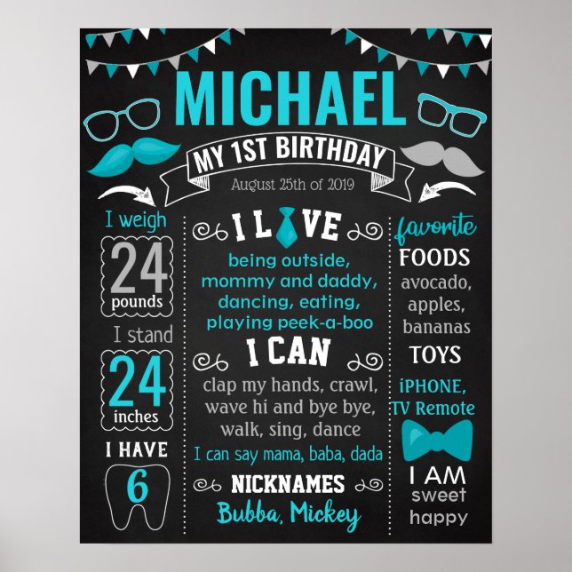 Poster Little Man Mustache M. Onederful Anniversaire sign (Devant)
