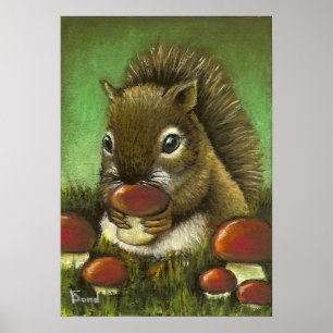 Poster Little squirrel and mushrooms