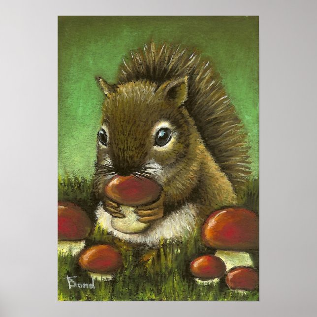 Poster Little squirrel and mushrooms (Devant)