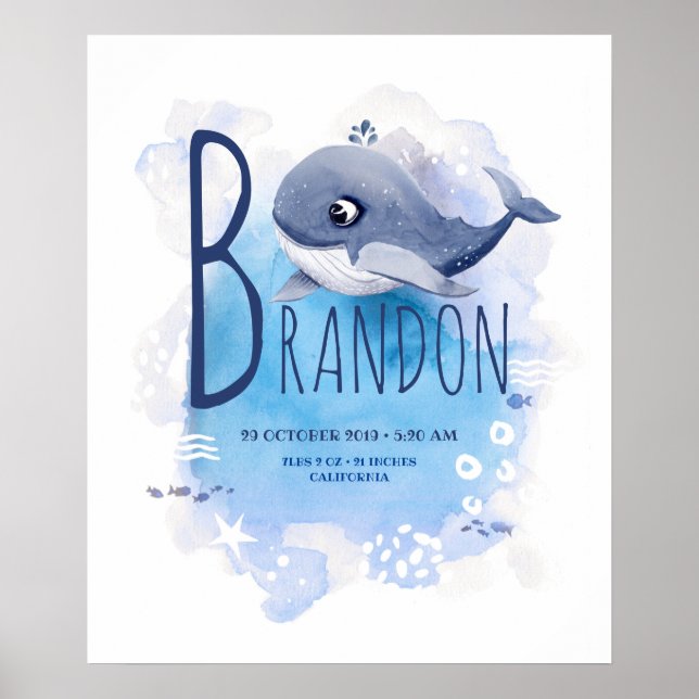 Poster Little Whale Blue Ocean Nom du bébé et statistique (Devant)