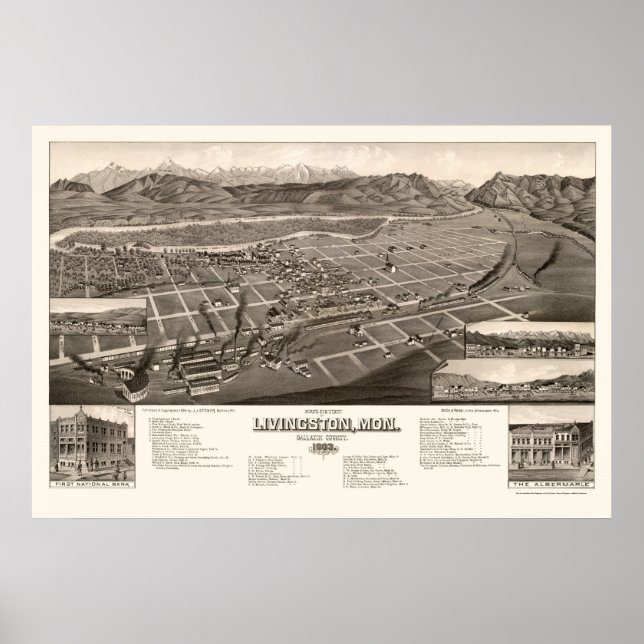 Poster Livingston, MT Carte panoramique - 1884 (Devant)