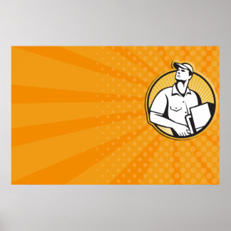 Poster Livraison Homme Poussant Dolly Avec Carton Retro