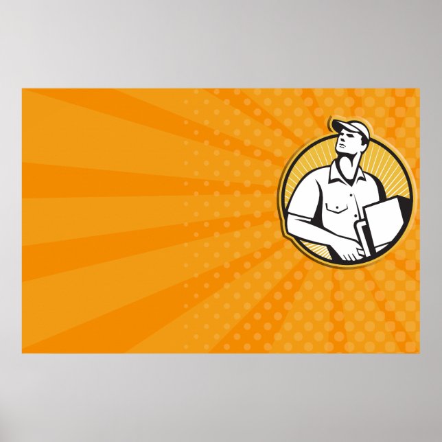 Poster Livraison Homme Poussant Dolly Avec Carton Retro (Devant)