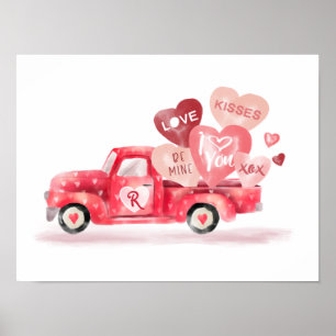Poster Livraison Valentine's Red Watercolor Camion & Coeu