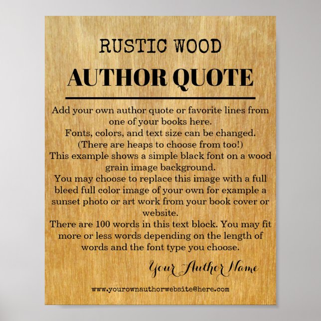 Poster Livre de l'auteur de citation en bois rustique (Devant)