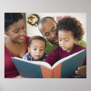 Poster Livre de lecture noir de famille ensemble
