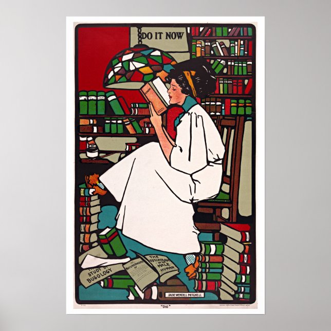 Poster Livre de lecture pour filles dans la bibliothèque  (Devant)