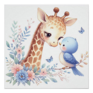 Poster Livre D'Histoire Bois Bébés Giraffe Et Oiseau Bleu