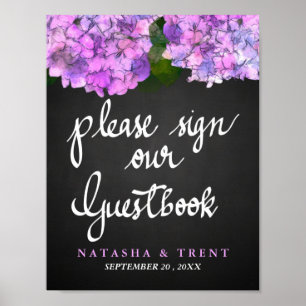 Poster Livre d'hôtes Chalkboard Mariage Hydrangea Floral