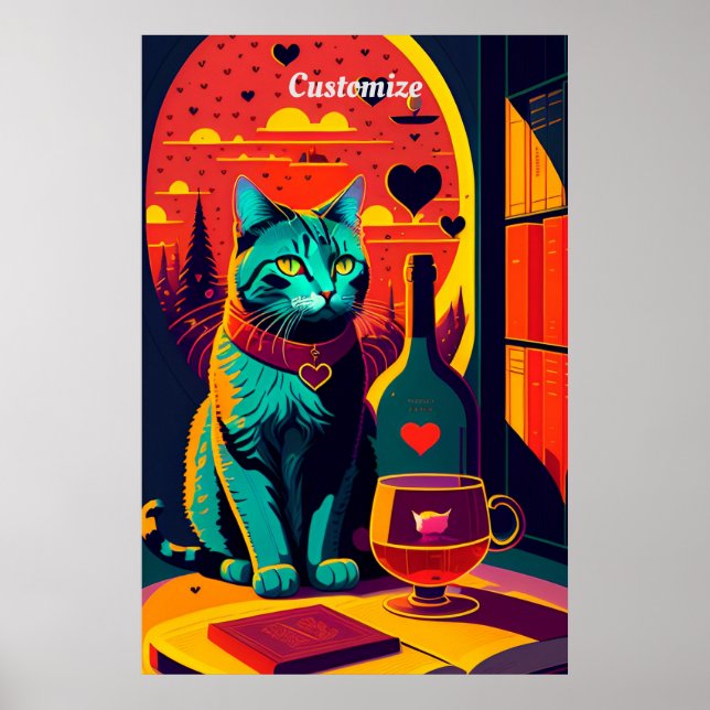 Poster Livres Chat Sunset Et Vin (Devant)