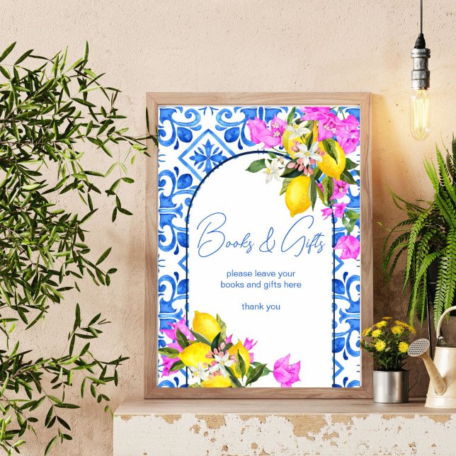 Poster Livres de baby shower et enseigne cadeau Carreaux  (Baby Shower books and gifts table sign Blue Tiles Lemons bougainvillea Mediterranean  decor)