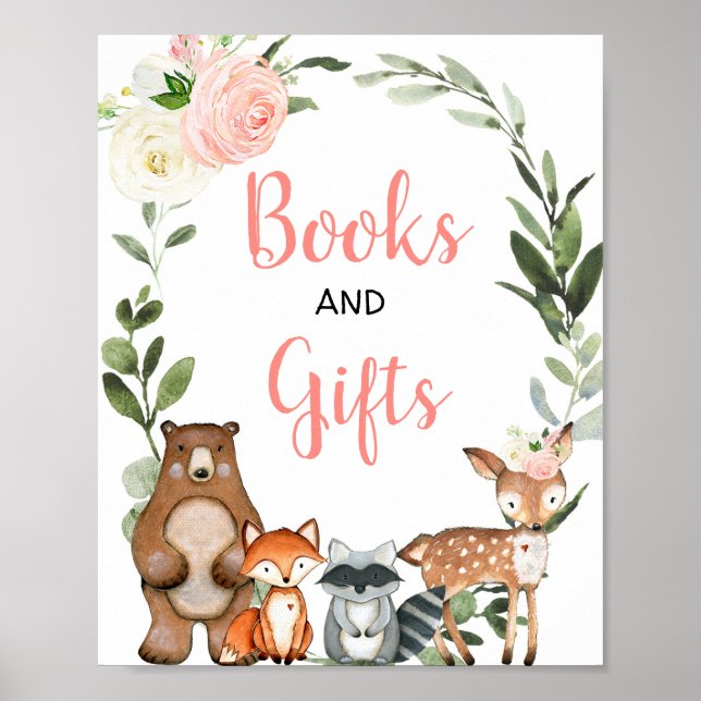 Poster Livres et cadeaux bois verdure baby shower rose (Devant)