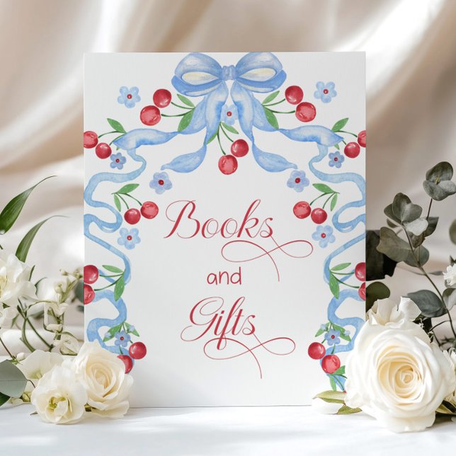 Poster Livres et cadeaux Cherry sur le dessus Blue Bow (Créateur téléchargé)