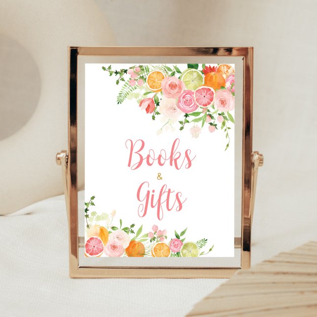 Poster Livres et cadeaux d'agrumes rose floral orange (Girl Lemon Baby Shower Books and Gifts Sign)