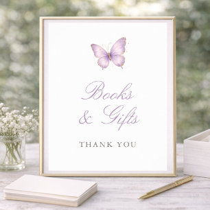 Poster Livres et Cadeaux de Baby Shower Papillon Or Pourp