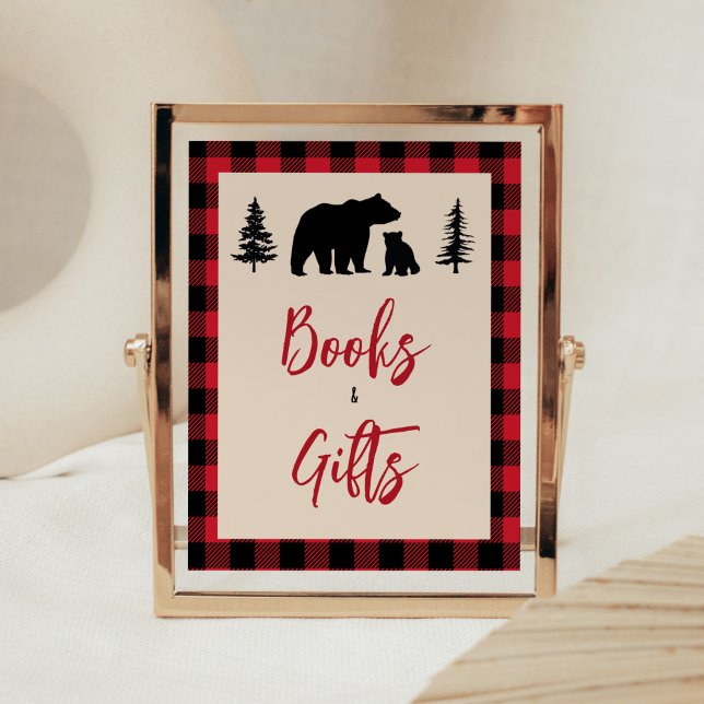 Poster Livres et cadeaux de bûcherons d'ours plaid (Bear Cub Plaid Lumberjack Baby Shower Books and Gifts Sign
)
