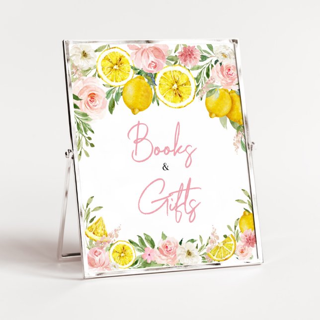Poster Livres et cadeaux de citron rose floral (Summer Lemon Citrus Baby Shower Books and Gifts Sign)