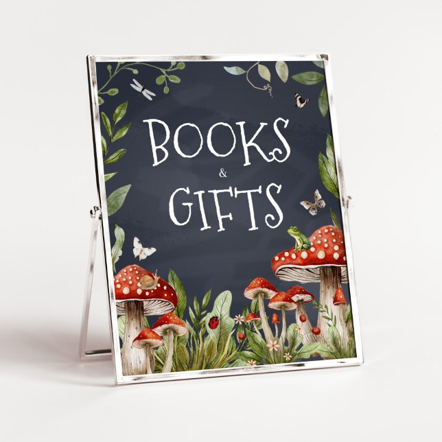 Poster Livres et cadeaux Whimssanted Enchanted de Champig (Rustic Mushroom Baby Shower Books and GIfts Sign)