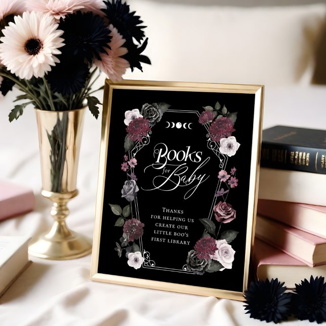 Poster Livres pour bébé à signer avec des fleurs à l'aqua (Gothic Black Watercolor Floral Books for Baby Sign)