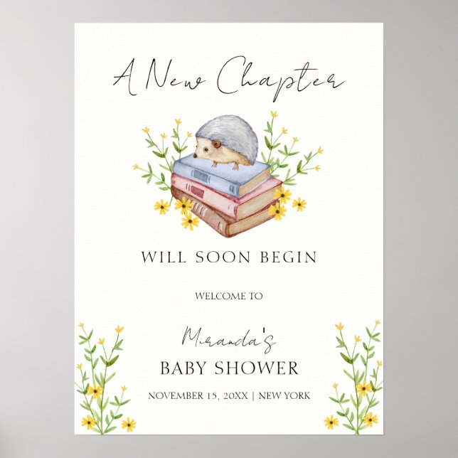 Poster Livres rustiques Hérisson Floral Baby shower Bienv (Devant)