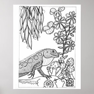 Poster Lizard de 16 po x 20 po avec coloration des fleurs